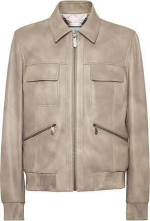 Philipp Plein Leren Bomber - Heren - Leren en Su&egrave;de Jassen - Beige - M - Leer - Jassen