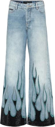 Philipp Plein Denim Skater Fit Broek Strass Vlam - Dames - Loose Fit Jeans - Blauw - W31 - Denim - Jeans
