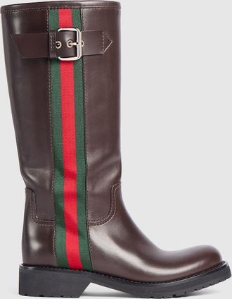 Gucci Womens Biker Boot With Web, Brown, Leather