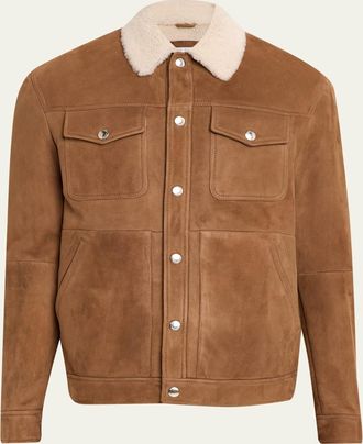 Brunello Cucinelli Mens Shearling-Collar Suede Snap Front Jacket