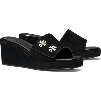 Tory Burch T-Lock Wedge Sandal in Perfect Black Suede at Nordstrom, Size 9.5