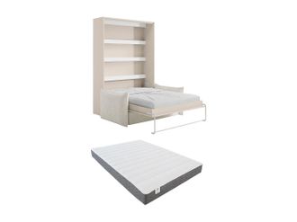 Vente-Unique Cama abatible 140 x 200 cm - Apertura vertical manual - Con LEDs - Beige + Colch&oacute;n + Sof&aacute; - RAPILI