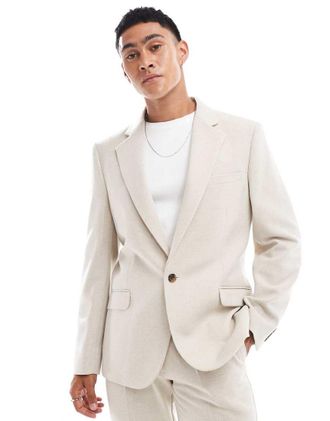 Asos slim wool blend suit jacket in stone herringbone-Neutral