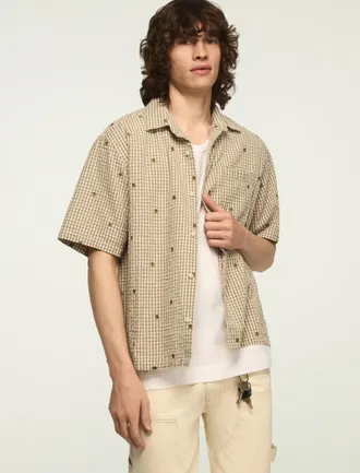 Lucky Brand Mens Short Sleeve Emroidered Plaid Seersucker Kinda Cropped Shirt