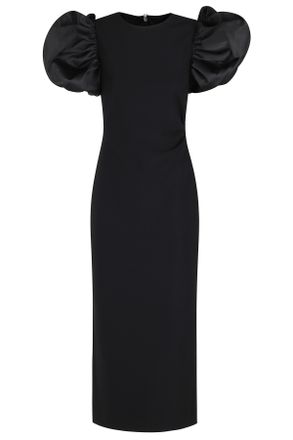 Rotate Black Draped Midi Puff Sleeve Polyester Dress