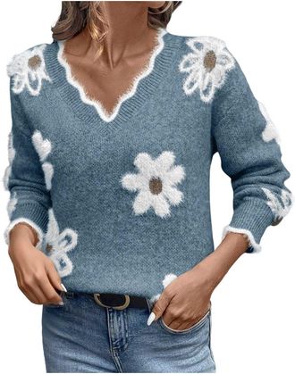Generic Sexy V Neck Sweaters for Women Long Sleeve Lightweight Knit Tops Casual Loose Fall Pullover Fashion Floral Printed Fuzzy V Neck Jumpers Basic Elegant 