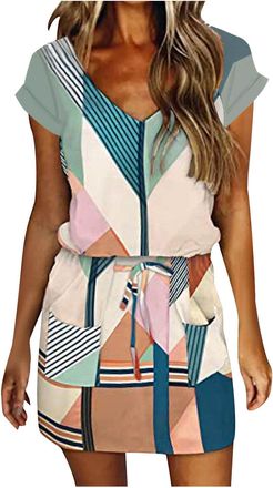 Generic Summer Dresses for Women UK Ladies Loose V Neck Short Sleeve Mini Dress Striped Color Block Print Knee-Length Dress Drawstring Elastic Waist Pullover 
