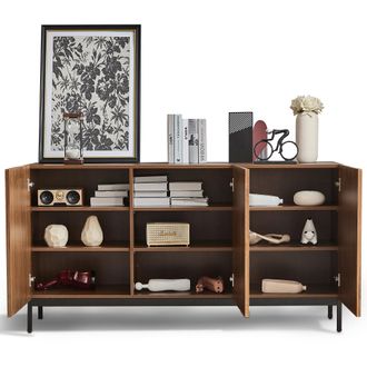 STILVORA Aparador Con 3 Puertas Y 2 Estantes Ajustables, Frentes 3d Ondulados, En Mdf, 150&times;40&times;80 Cm, Natural