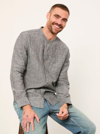 Fat Face FatFace Bugle Washed Black Bold Stripe Long Sleeve Grandad Linen Cotton Shirt