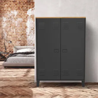 IDMarket Ester Armario De 2 Puertas De Metal Negro Con Tapa De Madera De Dise&ntilde;o Industrial