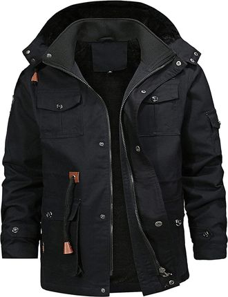 Generic Mens Winter Coat Military Parka, Cotton Lined Fleece Cargo Jacket, Thick Removable Hood Work with Pockets Waterproof Slim Fit Black(ton1-Black, L)