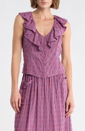 Melrose and Market Ruffle V-Neck Sleeveless Top in Purple- Rust Mini Gingham at Nordstrom Rack, Size Xx-Small