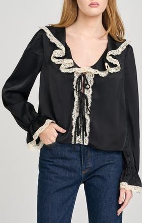 Wayf Lacy Long Sleeve Tie Front Top in Black at Nordstrom Rack, Size X-Large