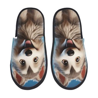 Generic Slippers Blue Sky Cute Wolf Breathable Fleece Slippers Soft Indoor Shoes For Hotel Travel Winter L