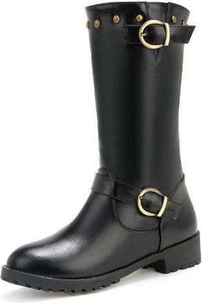 Generic Womens Mid Calf Boots Synthetic Leather Buckle Studded Round Toe Block Heels Comfortable Non Slip Durable for Daily Wear Street Fashion Party,Black,4.
