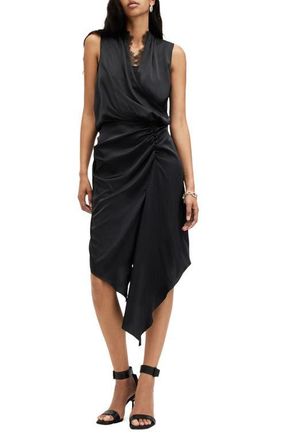 AllSaints Abi Lace Trim Gathered Asymmetric Dress in Black at Nordstrom, Size 4 Us