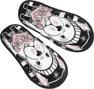 Generic Fluffy Slippers Merry Christmas French Bulldog Puppy Fuzzy Slippers Unisex Flat House Slipper For Guest Winter Spa M