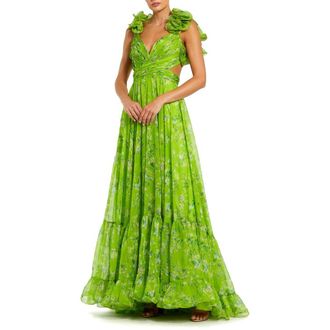 Mac Duggal Tiered Floral Cut-Out Chiffon Gown in Sage Multi at Nordstrom, Size 12