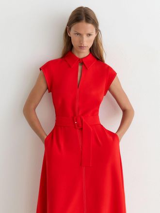 Reiss Red Collared Belted Midi Dress, 12