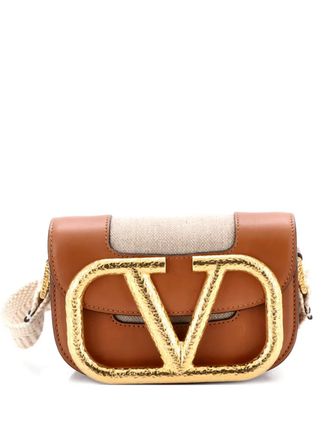 Valentino Garavani Supervee Linen with Leather Small crossbody bag - Bruin