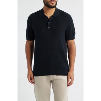 Nordstrom Short Sleeve Textured Cotton & Silk Polo Sweater in Black at Nordstrom, Size Xx-Large