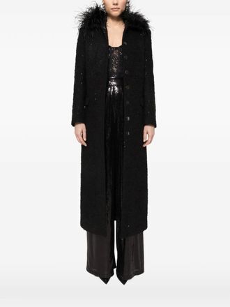 Nissa ostrich feather-detail boucl&eacute; coat - Nero