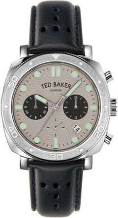 Ted Baker Caine Chronograph Leather Strap Watch, 44mm in Silver/Silver/Black at Nordstrom Rack