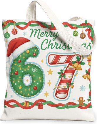 Generic Christmas Canvas Tote Bags, Greenery & Candy Pattern Reusable Grocery Bags, Lightweight Washable Shoulder Strap for Travel, White, 13x15 Inch