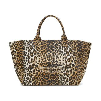 Ganni Shopping Bags, female, Brown, ONE SIZE, Leopard Print Canvas Tote Bag Brown