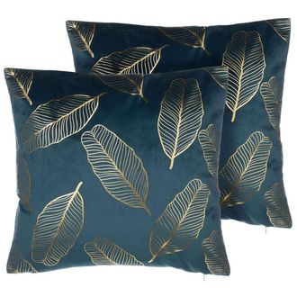 Beliani Conjunto De Cojines Decorativos En Terciopelo Azul Con Patr&oacute;n De Hoja 45 X 45 Cm Accesorio De Casa Moderno L&aacute;mina Dorada Freesia
