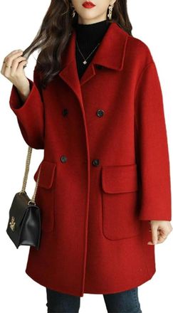 Generic Womens Fashionable Lapel Classic Double-Breasted Wool Blend Coat Spring and Fall Elegant Retro Business Casual Office Warm Coat (Red,XXL)