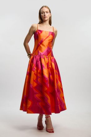 Karen Millen Womens Abstract Print Twill Contrast Strappy Woven Maxi Dress - Orange - Size 12 UK