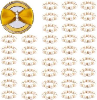OEM 40 Servilleteros Desechables Dorados, Pinzas Para Servilletas Con Perlas De Imitaci&oacute;n Y Delicadas Pinzas Para Servilletas Con Cuentas Oro Blanco