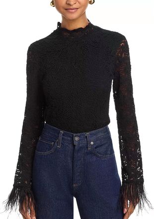 Aqua Feather Lace Long Sleeve Top In Black