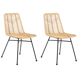 Beliani Conjunto De 2 Sillas Respaldo Y Asiento De Rat&aacute;n Sin Reposabrazos Patas De Hierro Dise&ntilde;o Boho Natural Dilley