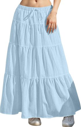 Generic Skirt Carnival Long Skirts for Women Boho Maxi Skirt Summer Swing Tiered A-Line Elastic High Waist Dress with Pockets Fashion(Light Blue,S)