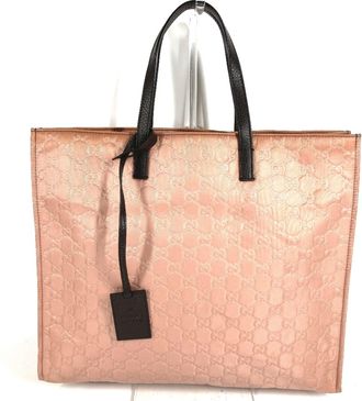 Gucci Dark Brown Pink Beige Nylon Leather Handbag Tote Bag (Pre-Owned)