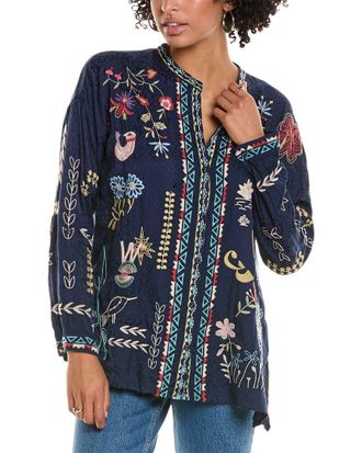 Johnny Was Embroidered Feathers Floral Blue Blouse Top sold Womens Medium