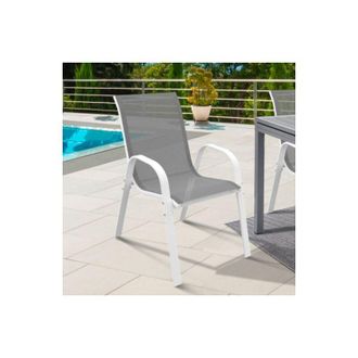 IDMarket Lote De 4 Sillas De Jard&iacute;n Apilables De Metal Y Textileno Lyma, Blanco Y Gris