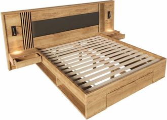 Urban Meuble Cama King Size efecto madera con almacenamiento y l&aacute;mparas, 180x200 cm