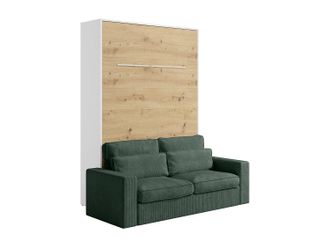 Vente-Unique Cama abatible 160 x 200 cm - Apertura vertical manual - Con LEDs - Blanco y natural + Sof&aacute; Verde - RAPILI