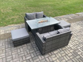 Fimous Rattan Garden Furniture Set with Gas Fire Pit Table 5 Pieces Indoor Outdoor Loveseat Sofa Set Dark Grey Mixed
