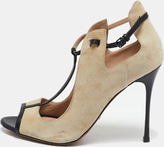 Sergio Rossi Beige/black Leather And Suede T-Strap Pumps Sandals