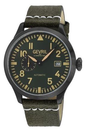 Gevril Group Vaughn Leather Strap Automatic Watch, 44mm in Green at Nordstrom Rack