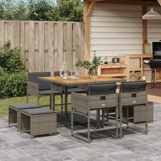 vidaXL Set Comedor Jard&iacute;n 9 Pzas Y Cojines Rat&aacute;n Sint&eacute;tico Gris Vidaxl
