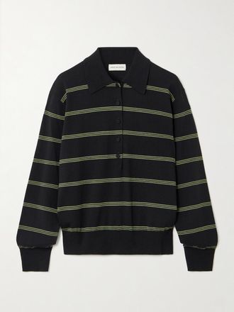 Dries Van Noten Polo In Lana Merino A Righe - Nero