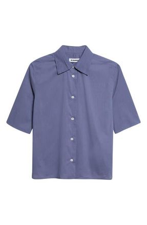 Jil Sander Pleated Collar Short Sleeve Cotton Button-Up Shirt in Sugar Paper at Nordstrom, Size 12 Us