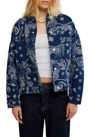 Free People Opal Swing Print Denim Jacket in Navy Combo- Bandana at Nordstrom, Size X-Large