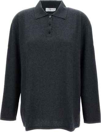 Lisa Yang Polo Collar Cotton Blend Sweater with Ribbed Trim