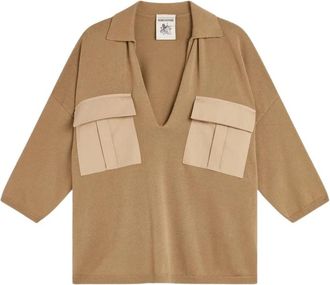 Semicouture Oversized V-hals katoenen poloshirt - Dames - Polos - Beige - S - Katoen - Tops